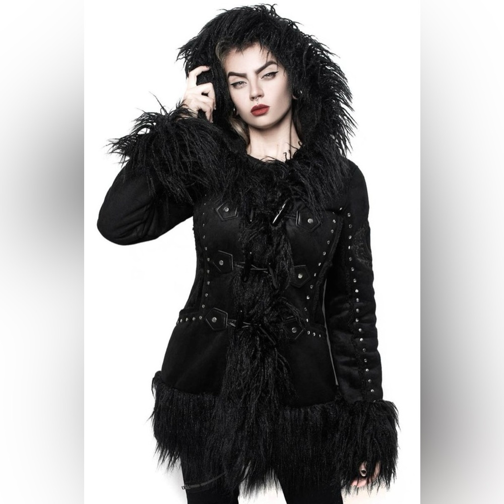 Killstar Salem City Faux Fur Restyle Gothic Shearling Crescent Moon Coat Large